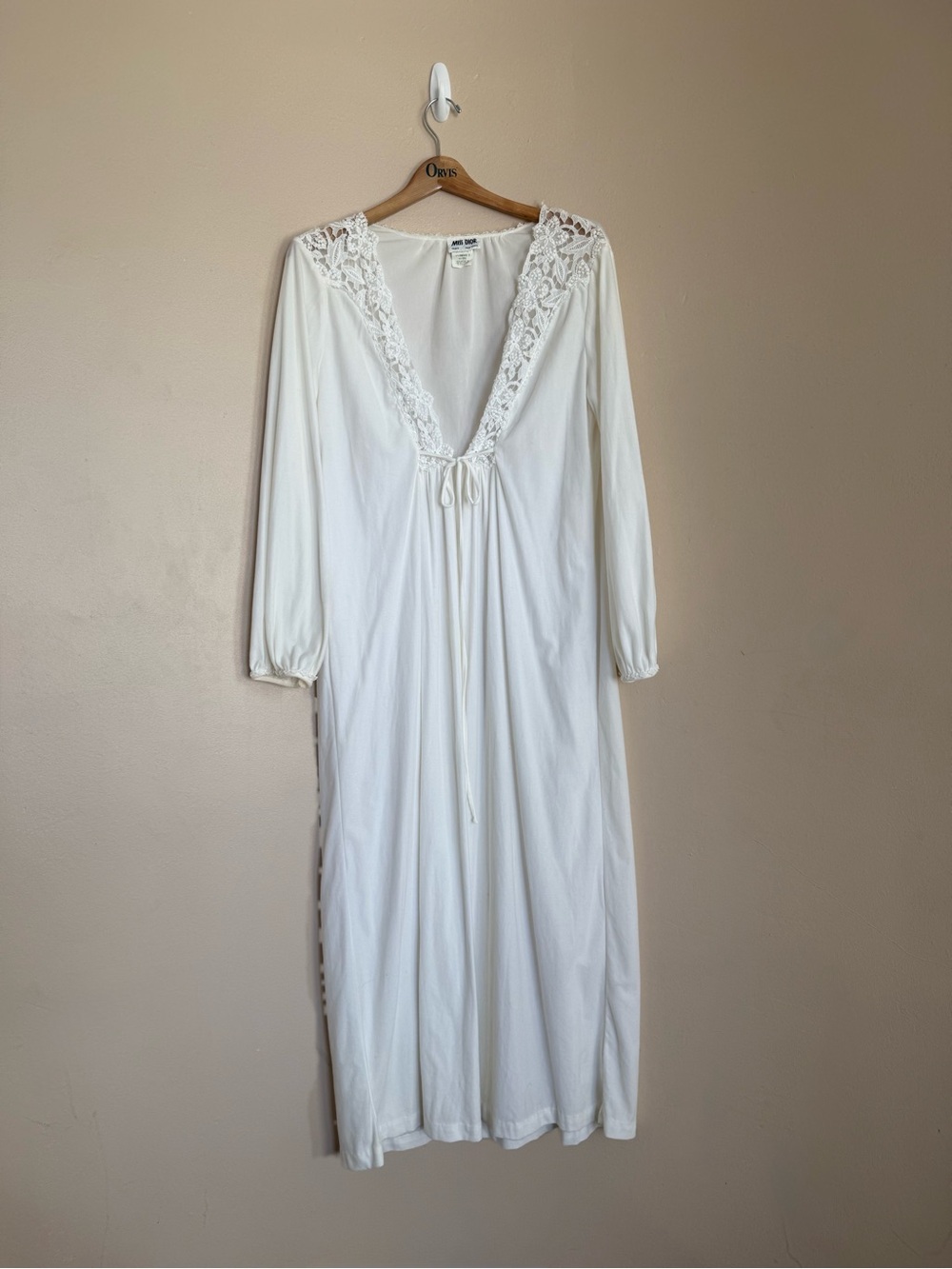 Vintage Miss Dior White Lace Trim V-Neck Long Sleeve Tie Front Nightgown